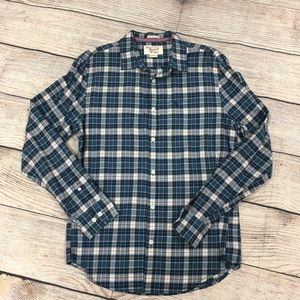 ❤Penguin Flannel Teal Navy Red Plaid Shirt Size Lg